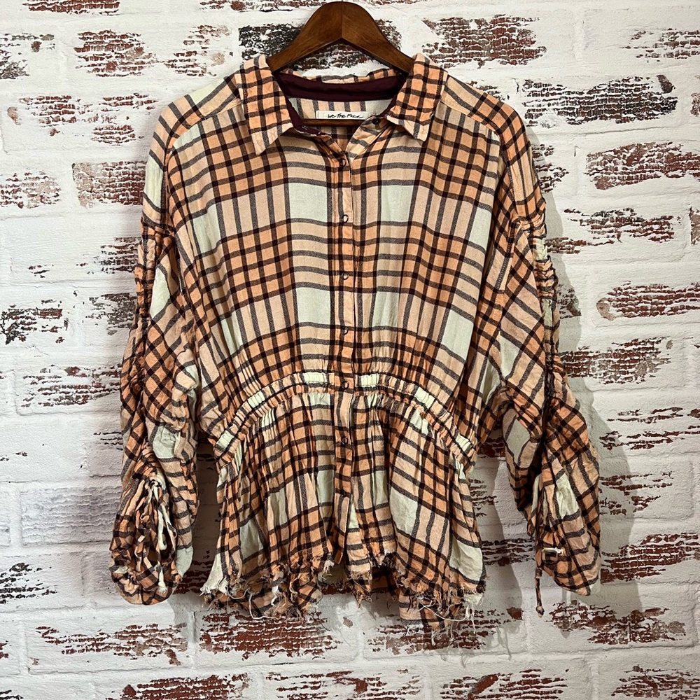 We The Free Plaid Shirt Pacific Dawn Fringed Snap Button Drawstring Sz L